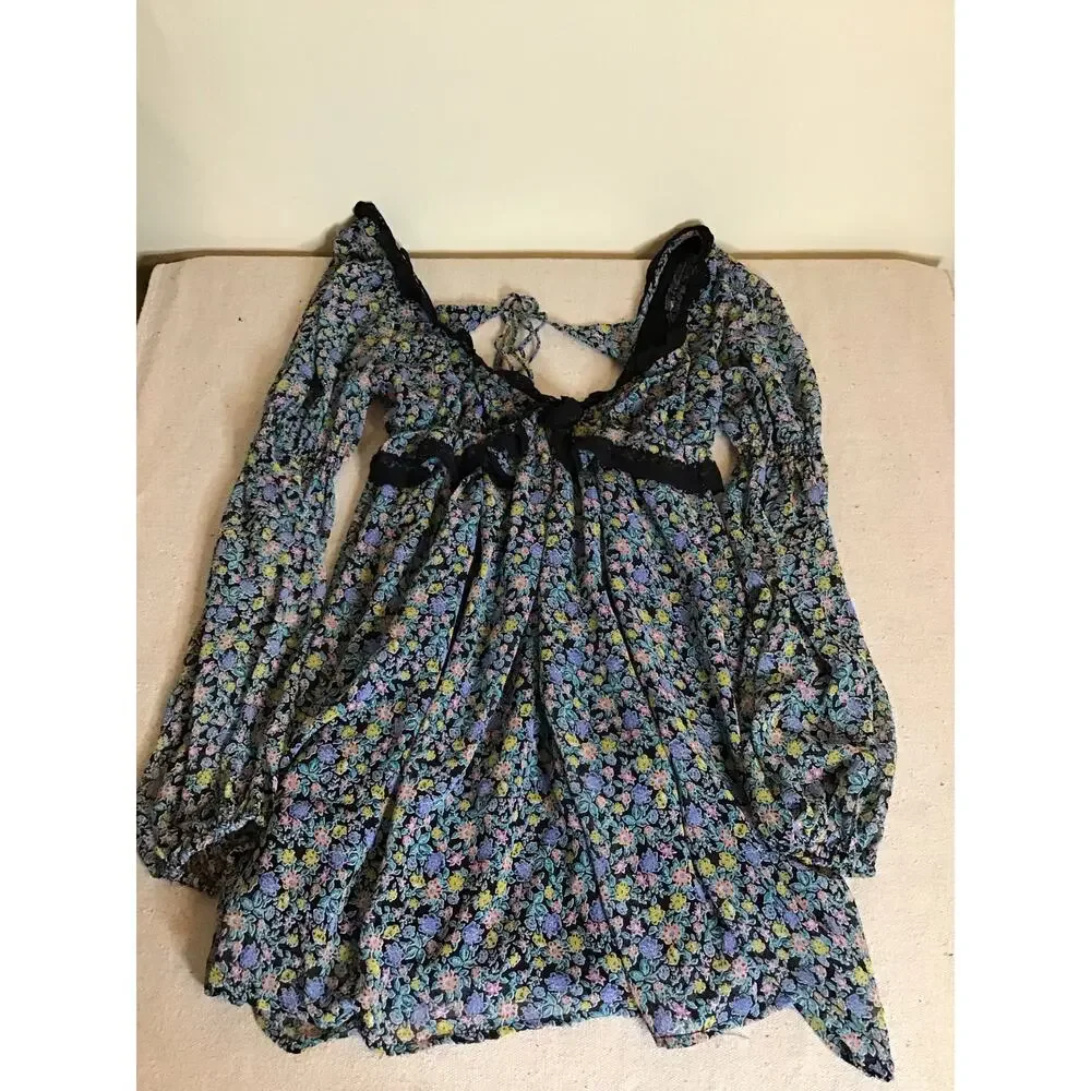 Free People Pennie Mini Dress floral print, long blouson sleeves lace trim XS